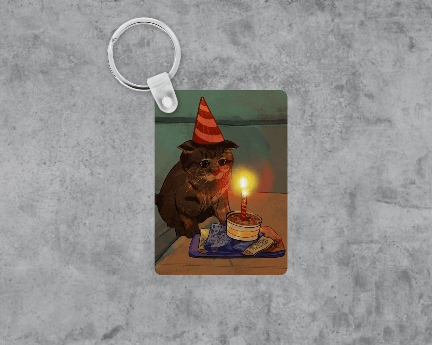 Sad Cat Birthday Acrylic Keychain | Double-Sided 1.6" x 2.4"