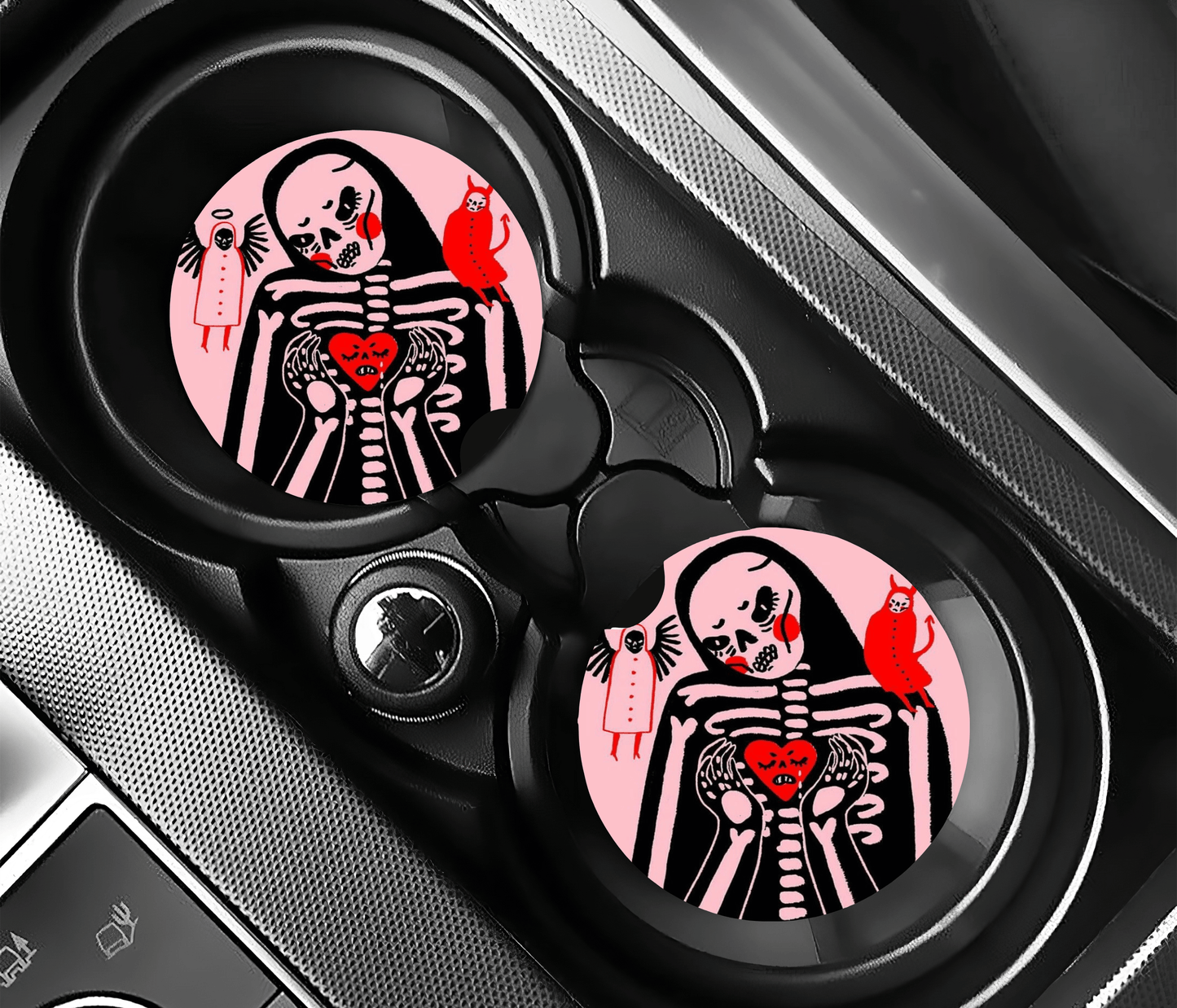 Coquette Skeleton Angel and Devil on Shoulders Car Coasters | 2.75" Absorbent Set of 2