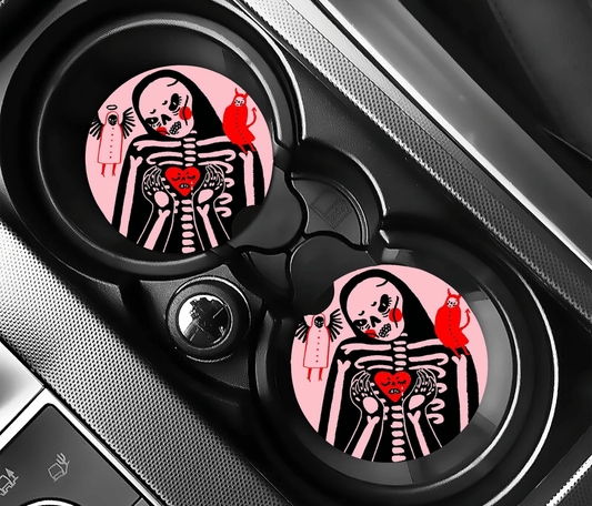 Coquette Skeleton Angel and Devil on Shoulders Car Coasters | 2.75" Absorbent Set of 2