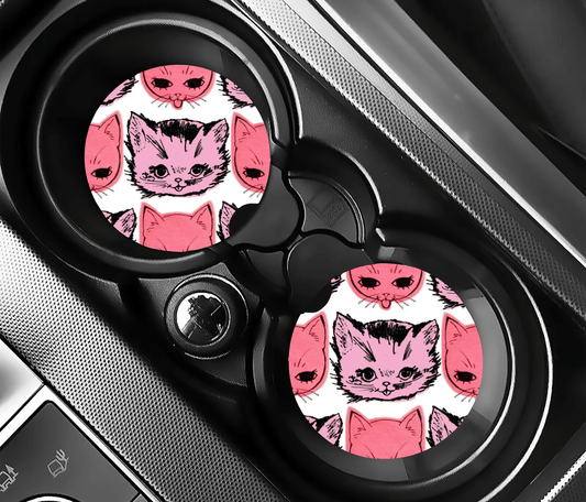 Pink Cat Car Coasters | 2.75" Absorbent Set of 2