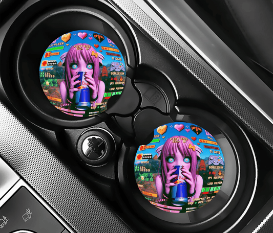 Anime Girl Energy Drink Car Coasters | 2.75" Absorbent Set of 2