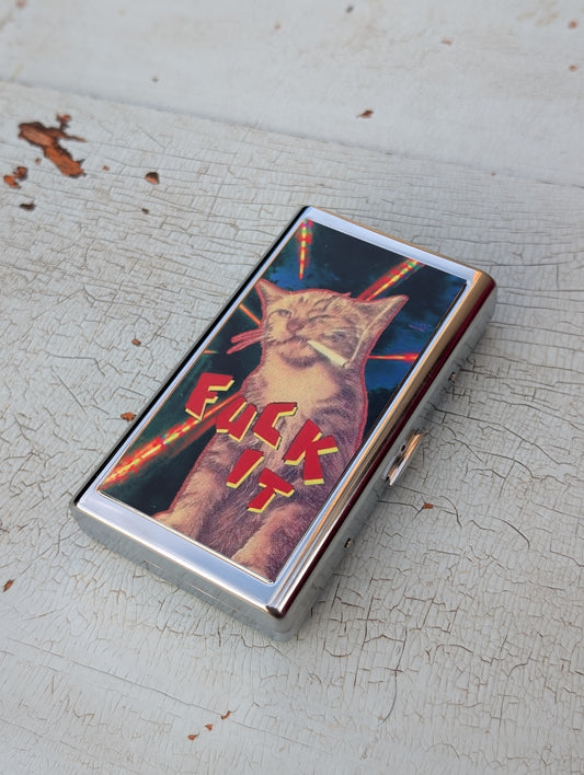 Cat Smoking F*** It Metal Cigarette Case | Dual-Panel Spring Clip Holder