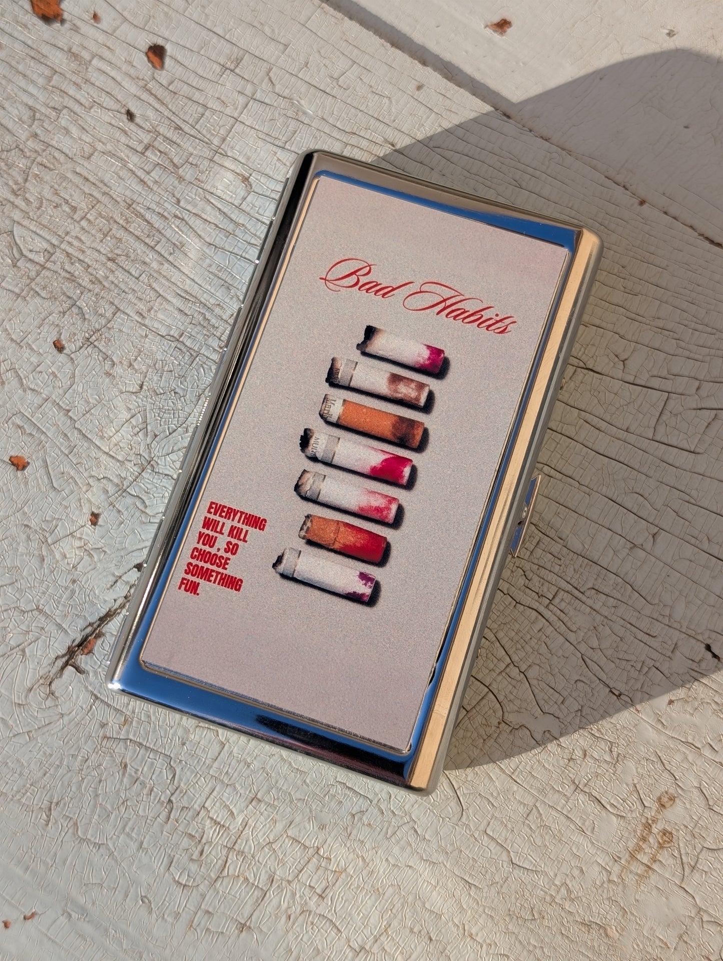 Bad Habits Metal Cigarette Case | Dual-Panel Spring Clip Holder